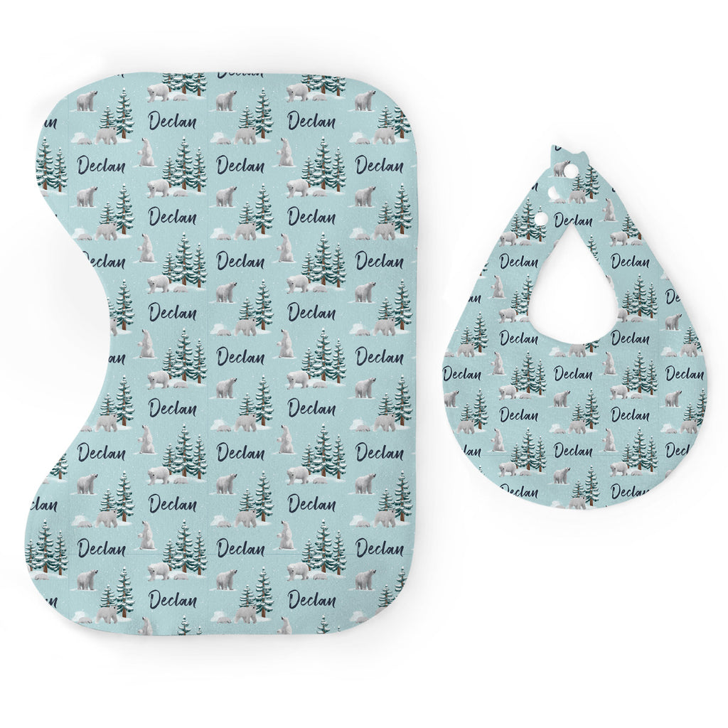Personalized Bib & Burp Cloth Set Prowling Polar Bears Audrey & Bear