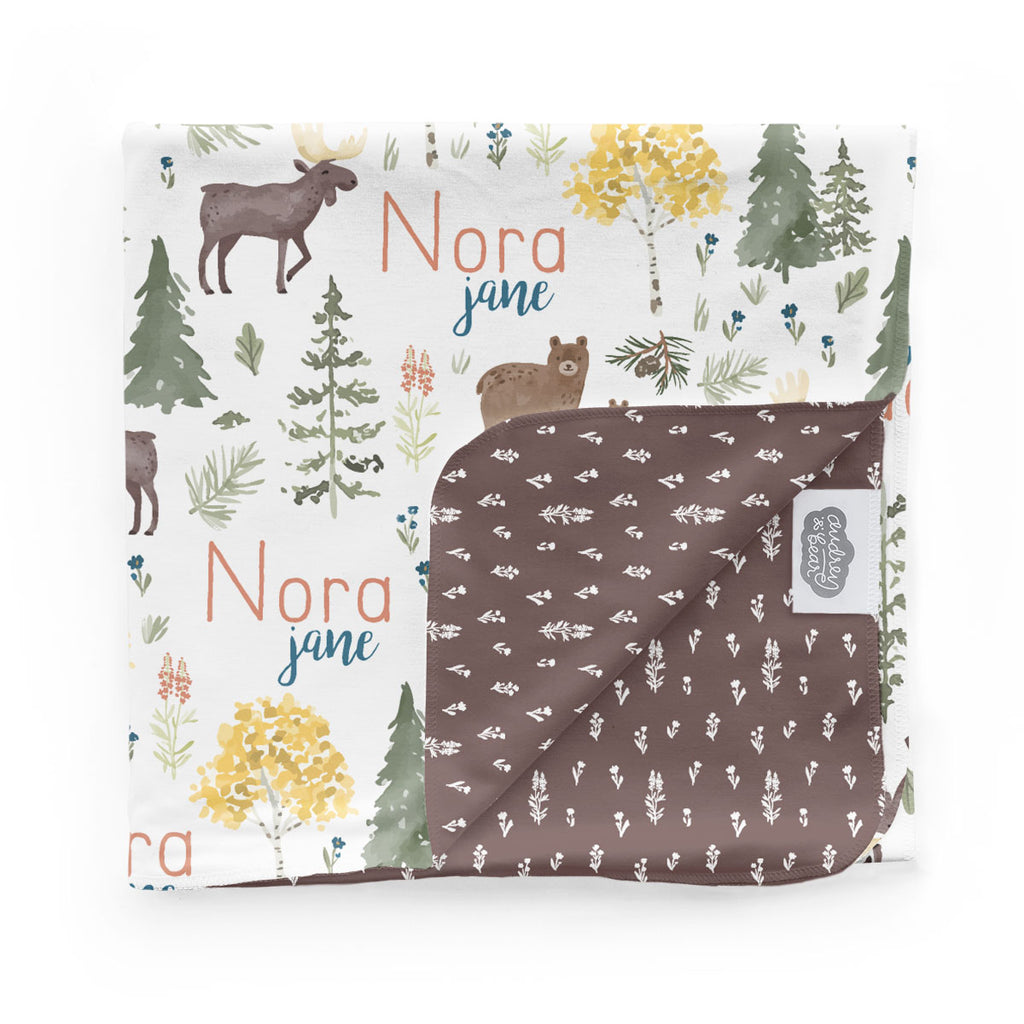 Personalized Swaddle Blanket Mountain Explorer Audrey & Bear