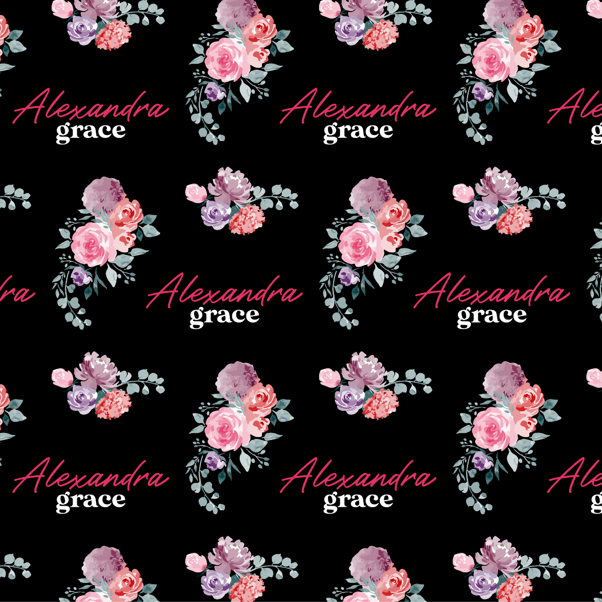 a black background with pink and purple flowers