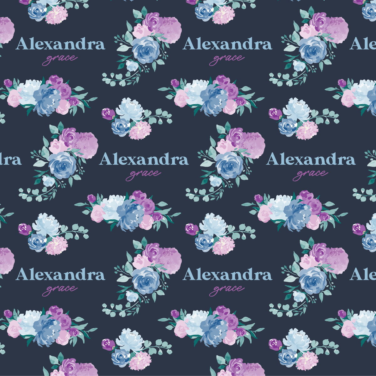 a blue and purple floral pattern with name on it