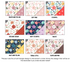 nine different floral designs, each with a unique color and pattern. The designs include Mauve and Yellow, Soft Pink, Colorful, Red and Cream, Navy Colorful, Mauve, Navy and Yellow, Terra Cotta, and Taupe and Pink. The small triangle design in the bottom corner of the image shows the design that will be on the backsides if you order double-sided.
