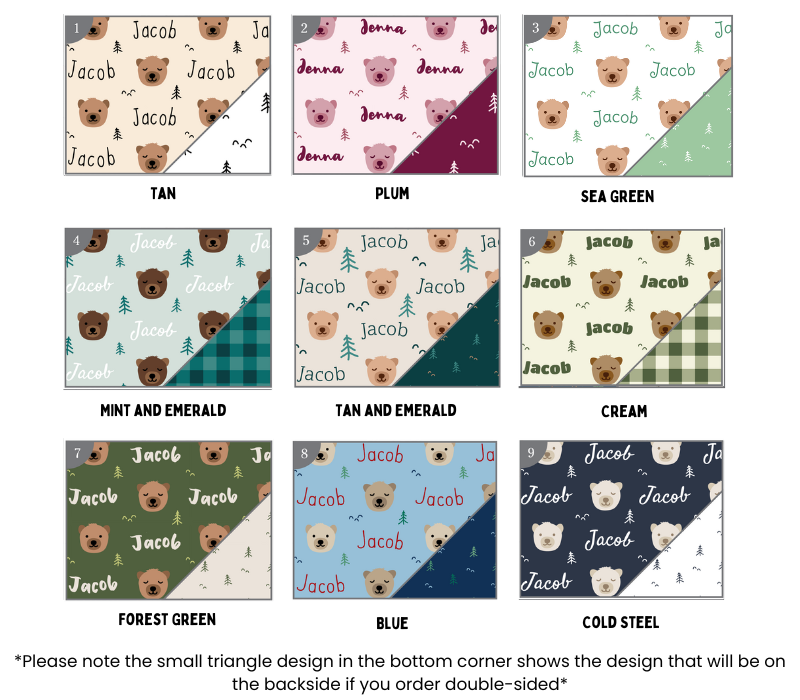 nine different designs featuring the name "Jacobs" in various colors and patterns, including forest green, blue, and cold steel. The designs are arranged in a 3x3 grid, showcasing the variety of styles and color schemes.