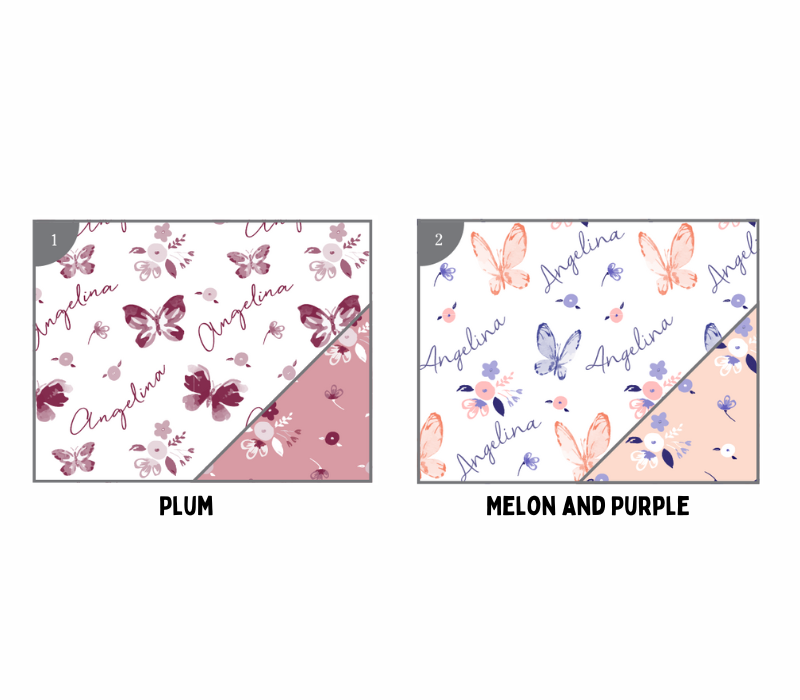 two different patterns of fabric with butterflies on them