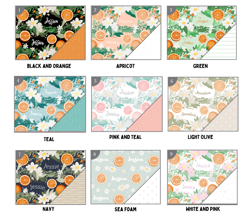 a bunch of different papers with oranges and flowers on them