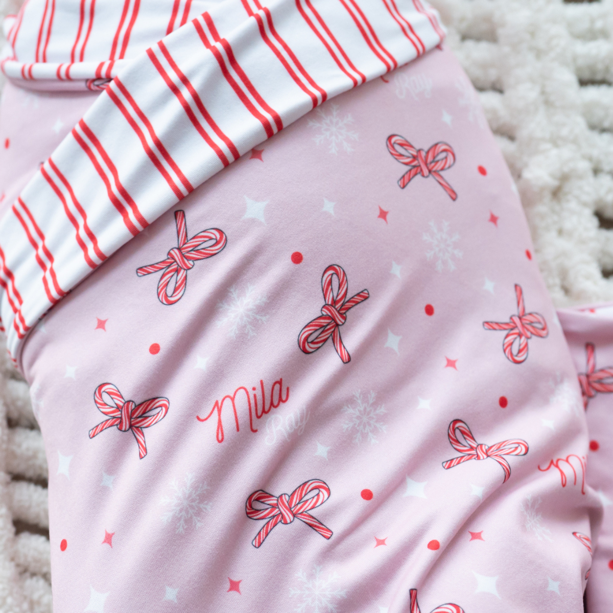 Personalized Swaddle Blanket | Candy Cane bows