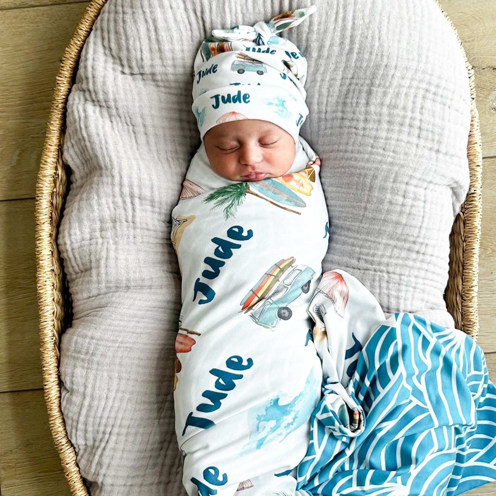 Personalized Swaddle & Hat Set | Wave Rider