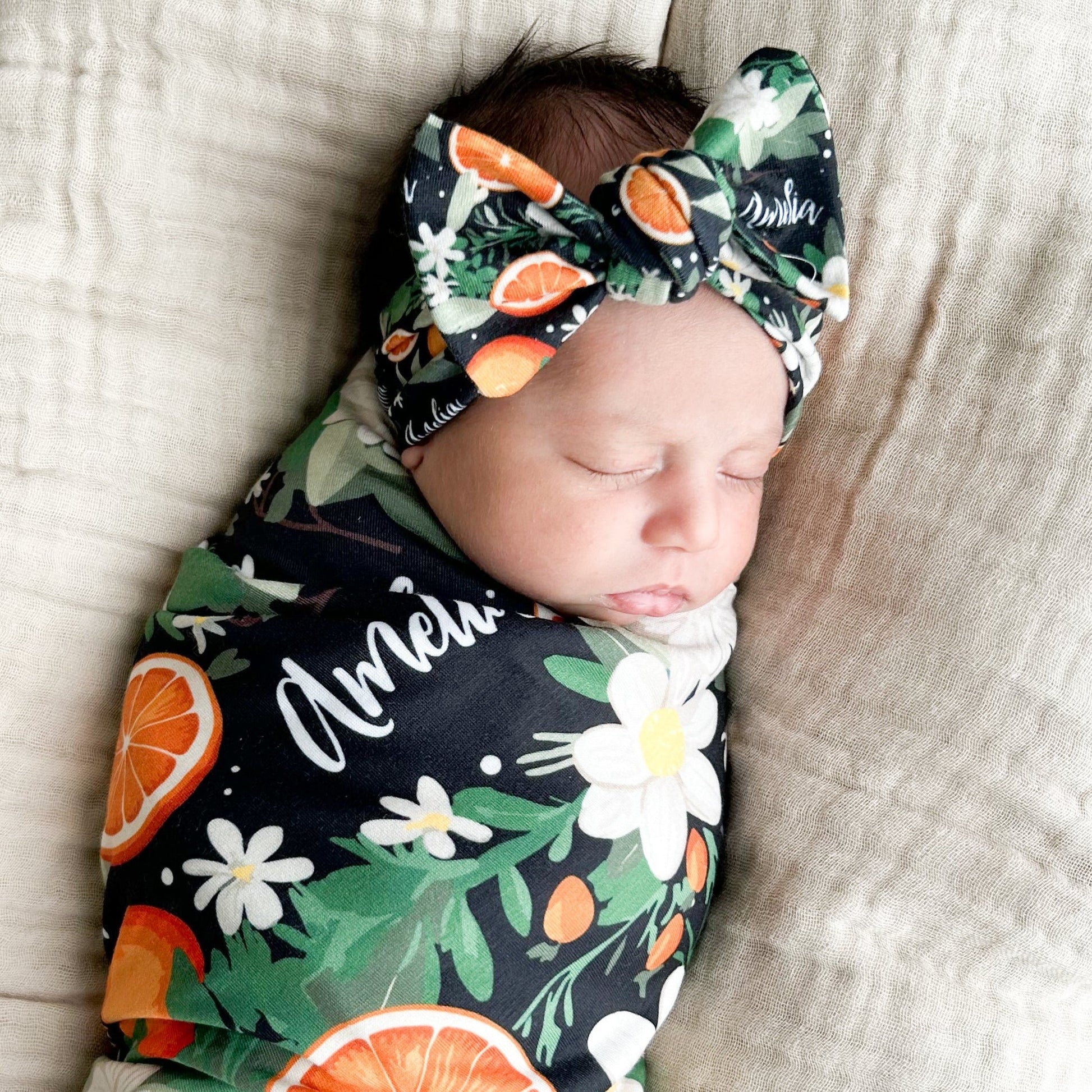 Personalized Swaddle & Hat Set | Citrus Blossom