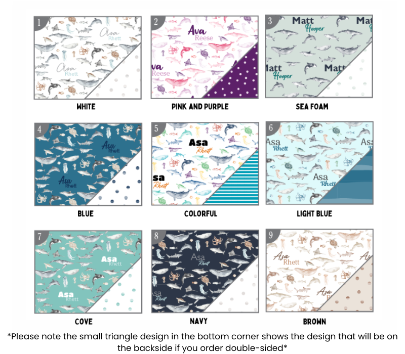 nine different designs of baby blankets or rugs, each featuring a unique pattern of animals or marine life. The designs include white, pink and purple, sea foam, blue, colorful, light blue, cove, navy, and brown. The bottom corner of the image provides a note about the small triangle design, indicating that the design will be on the backside if the order is double-sided.