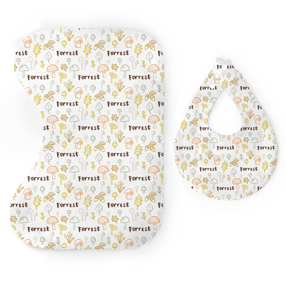 Personalized Bib & Burp Cloth Set | Mushroom Doodles