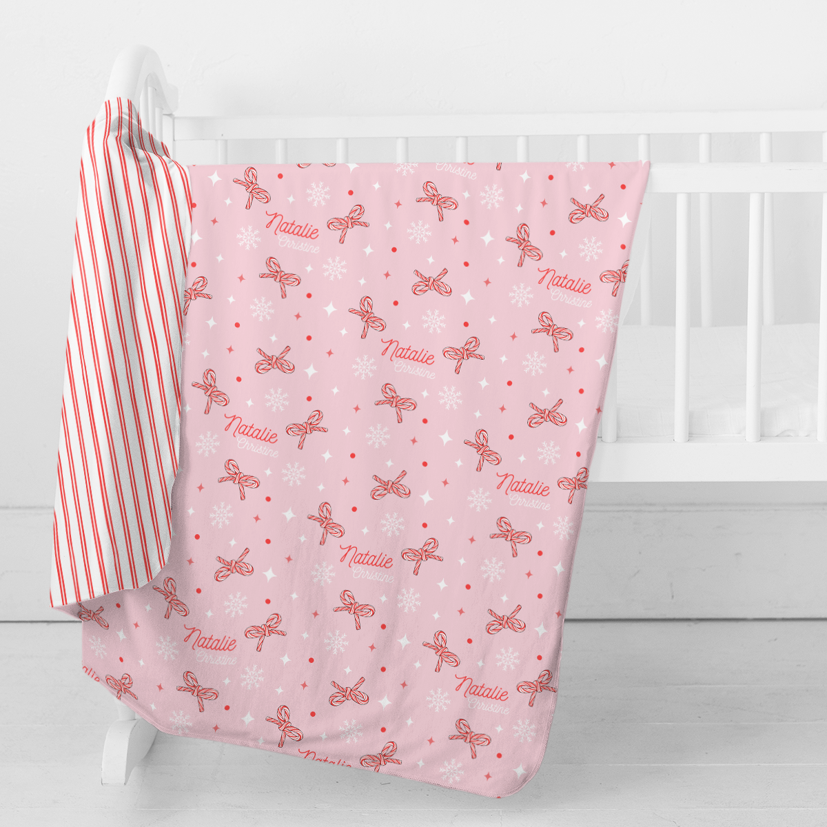 Personalized Swaddle Blanket | Candy Cane bows