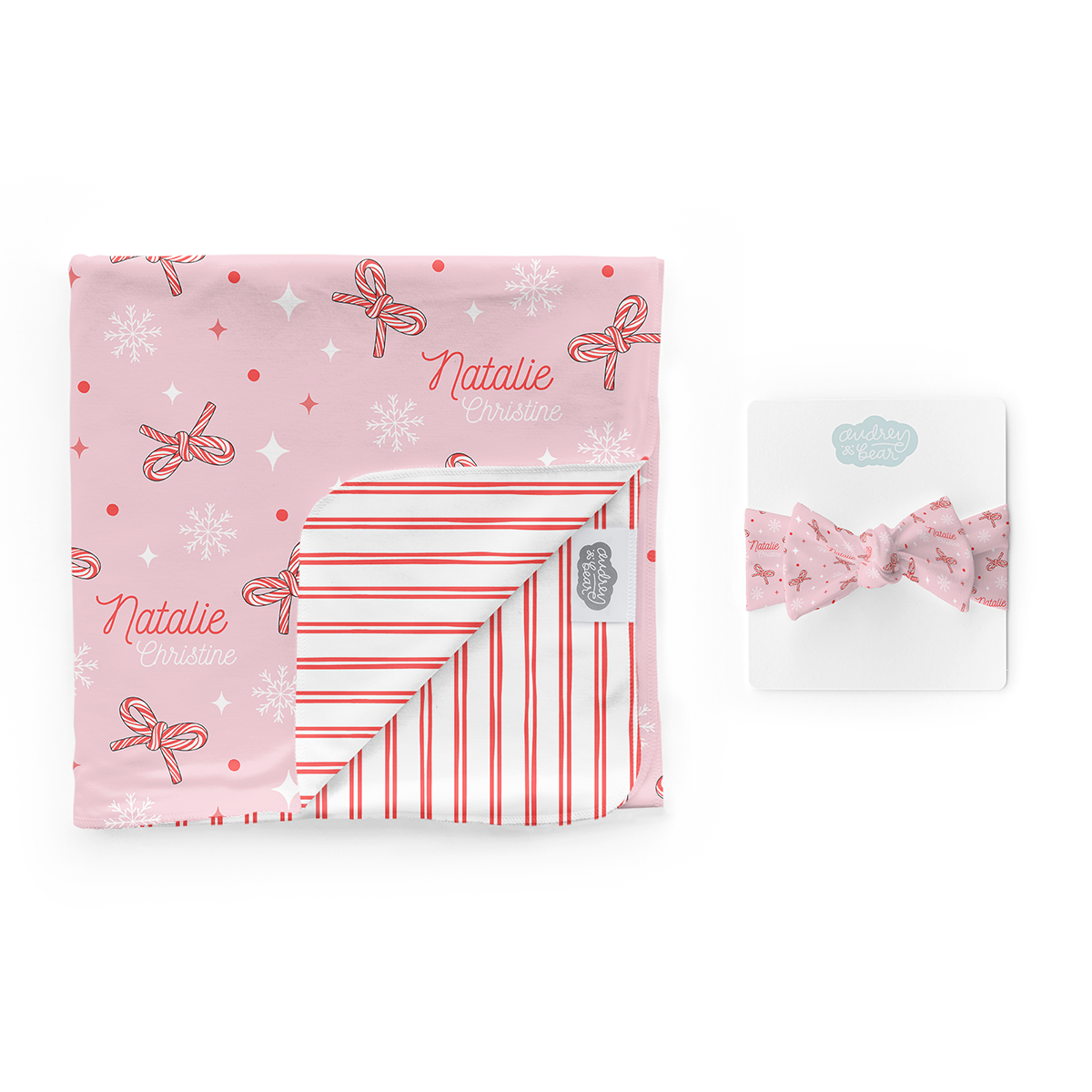 Personalized Swaddle & Hat Set | Candy Cane bows