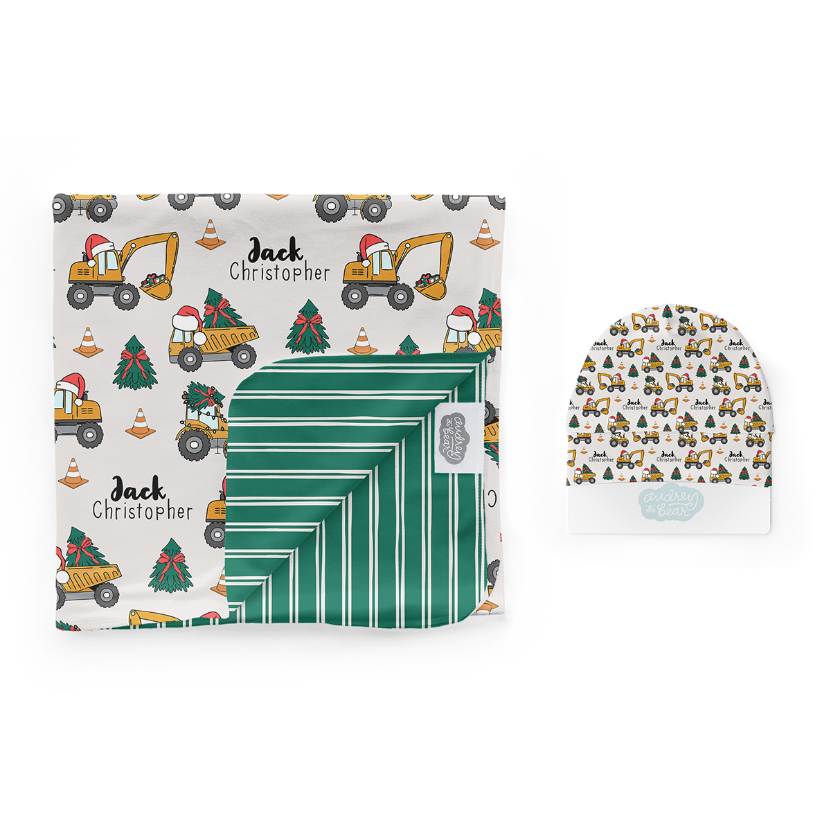 Personalized Swaddle & Hat Set | Christmas Construction
