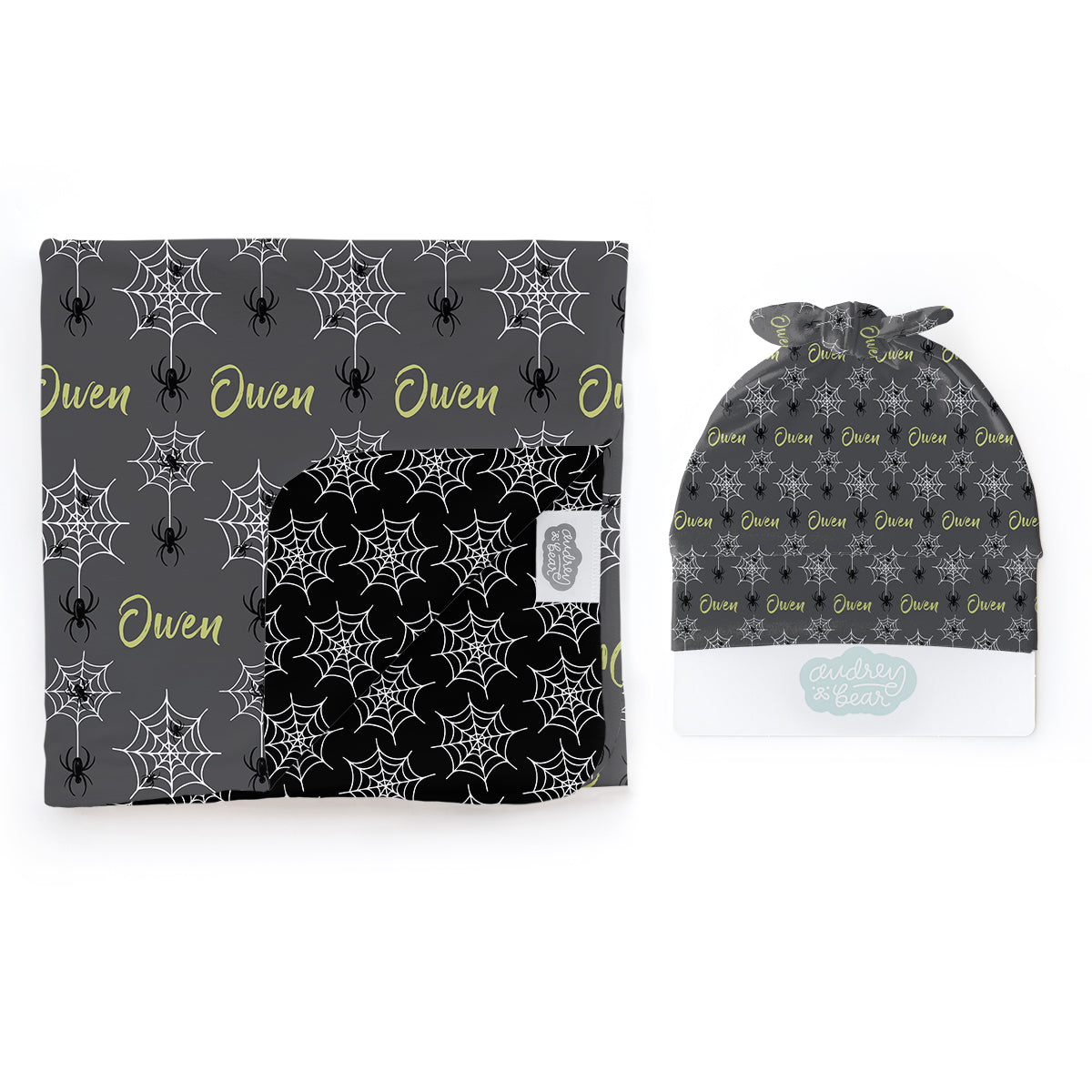 Personalized Swaddle & Hat Set | Creeping Spiders