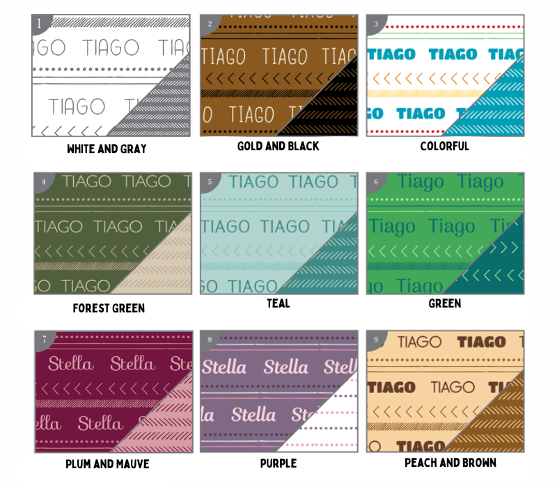 The image displays a collection of nine different color and pattern variations of the word "TIAGO" arranged in a 3x3 grid.