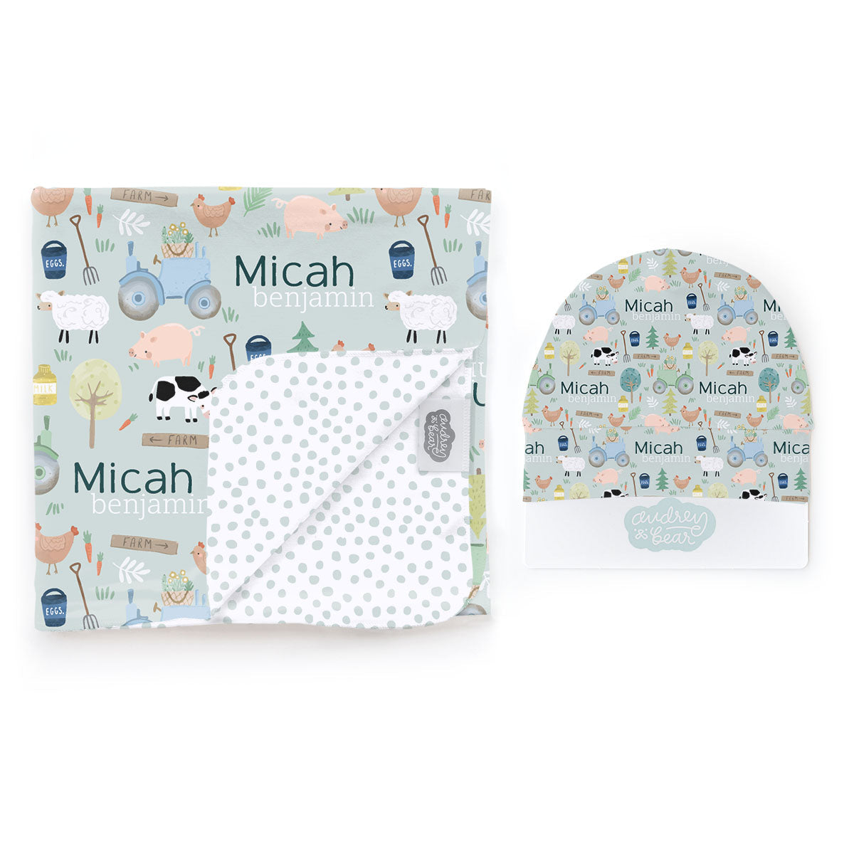 Personalized Swaddle & Hat Set | Farmyard