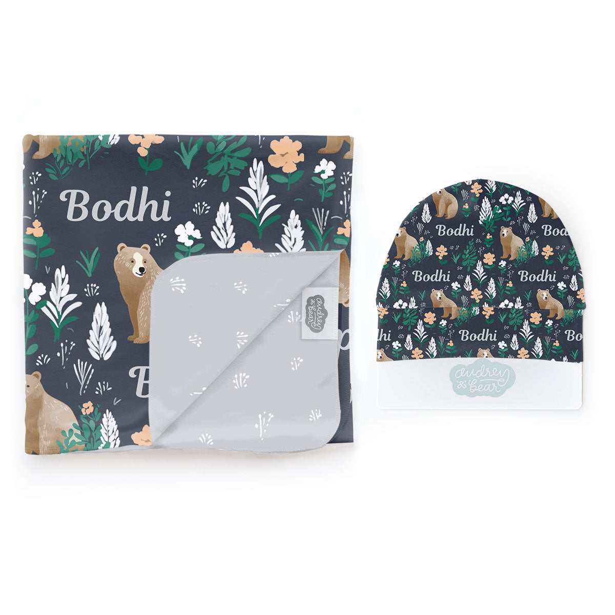 Personalized Swaddle & Hat Set | Forest Blues