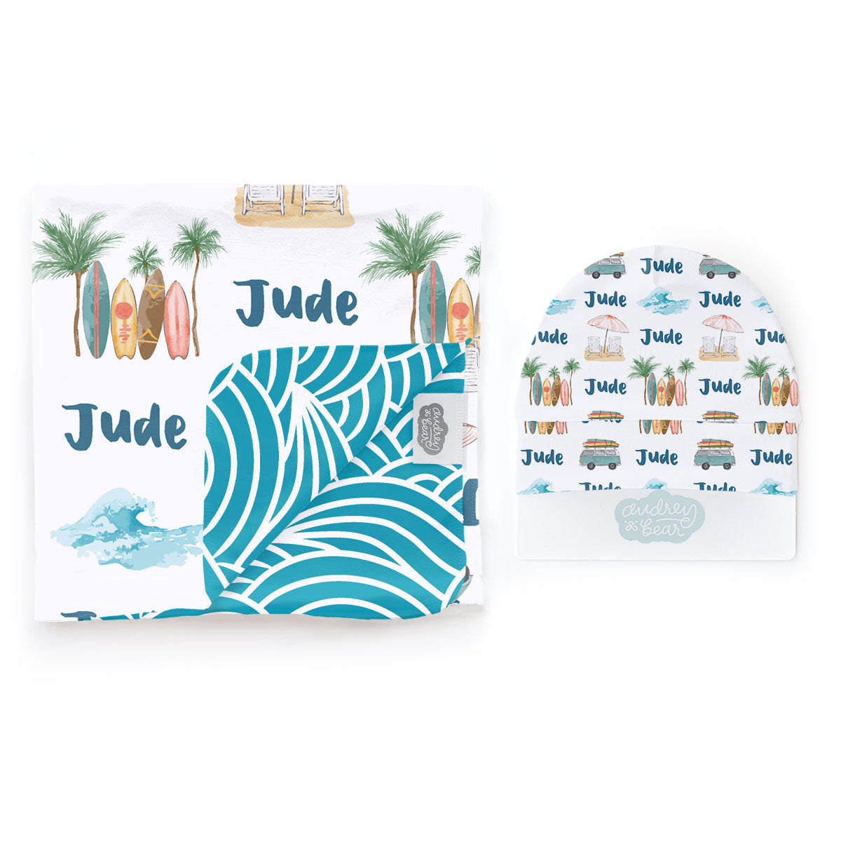 Personalized Swaddle & Hat Set | Wave Rider