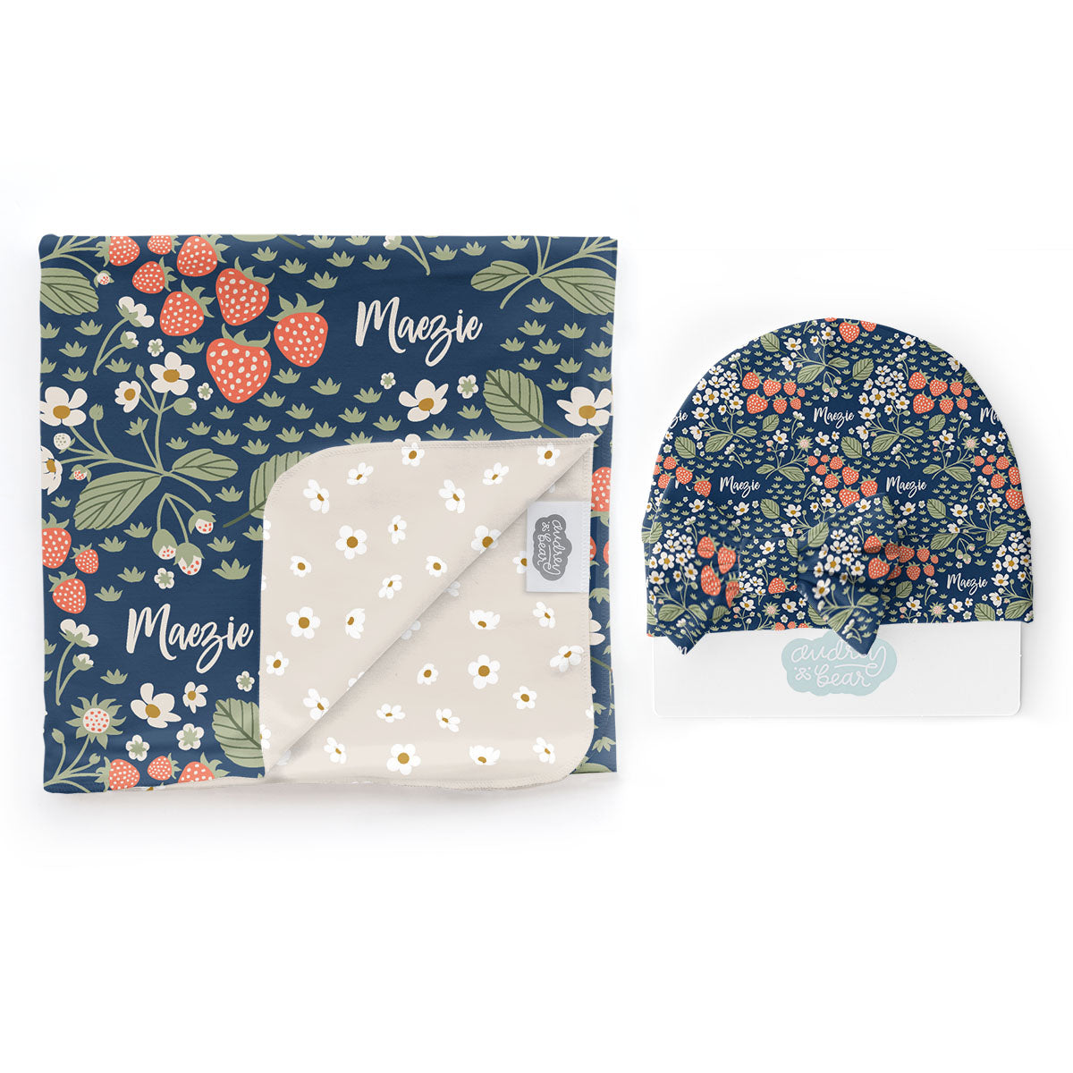 Personalized Swaddle & Hat Set | Strawberry Floral