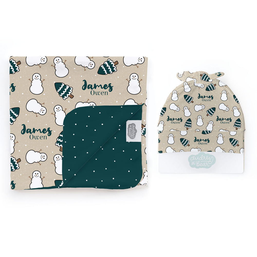 Personalized Swaddle & Hat Set | Evergreen Frost