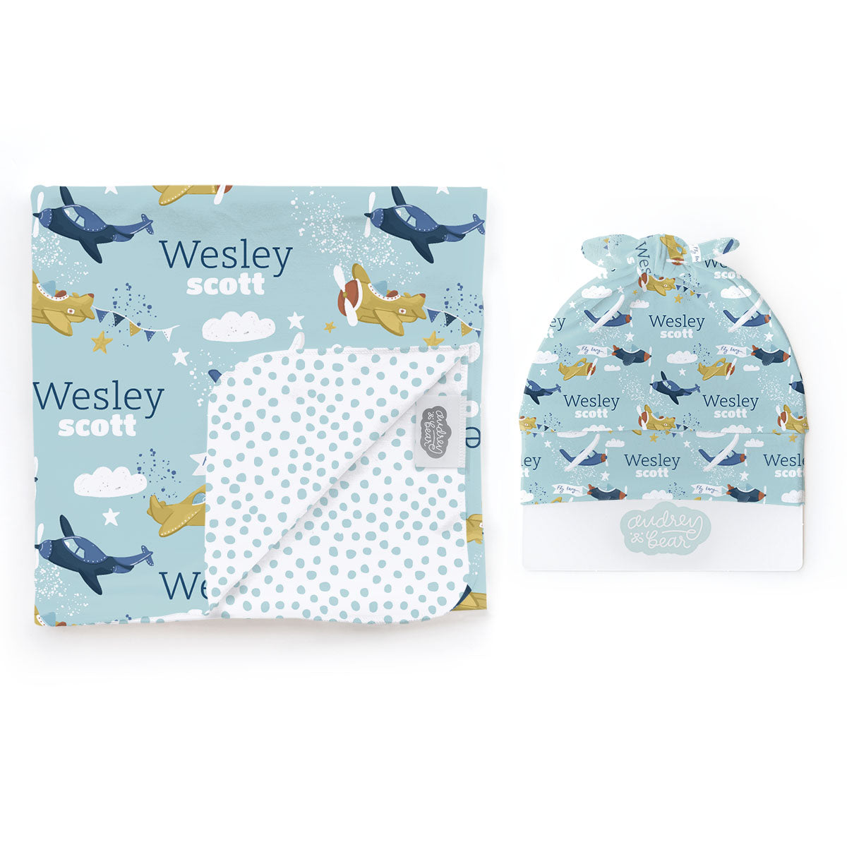 Personalized Swaddle & Hat Set | Fly High