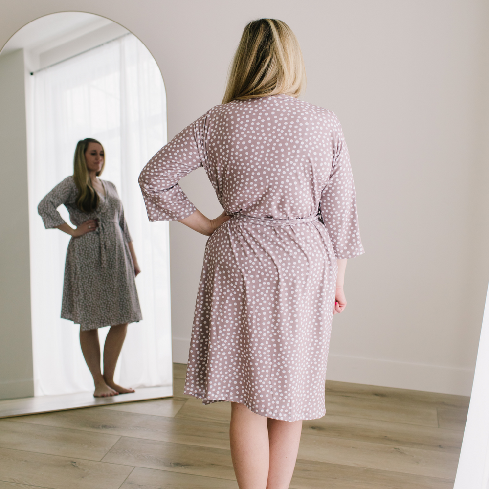 Stretchy Knit Mom Robe | Taupe Dots