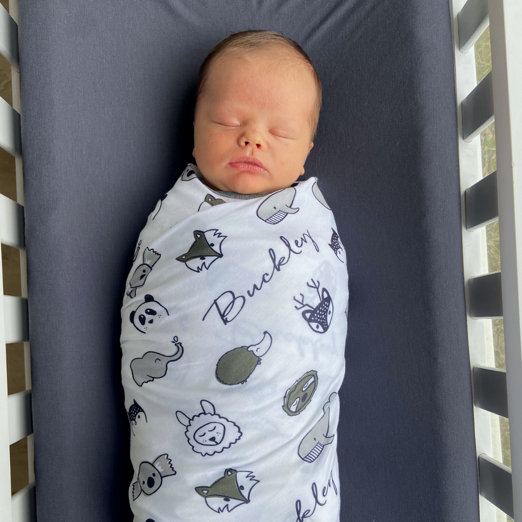 Personalized Swaddle Blanket | Cuddly Critters – Audrey & Bear