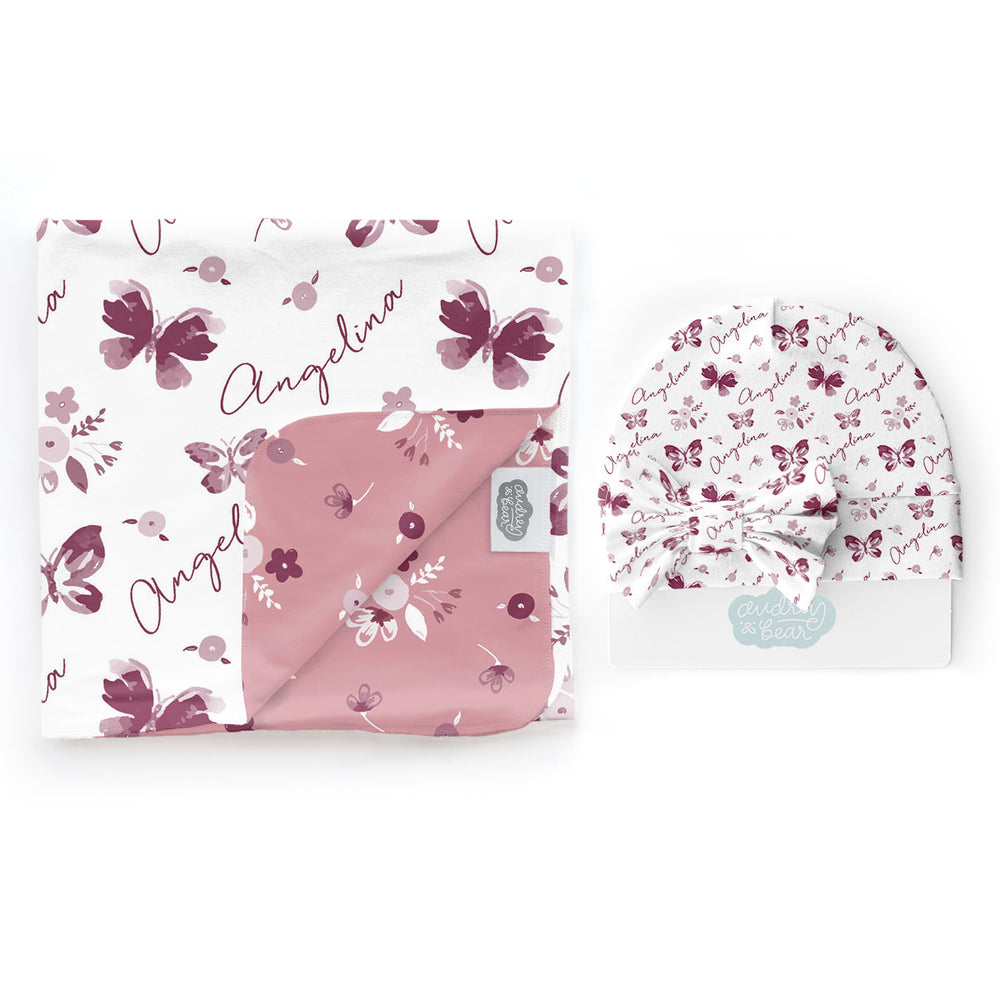 Personalized  Swaddle & Hat Set | Summer Butterfly