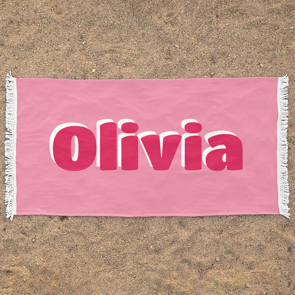 Personalized Rectangle Beach Towel | Hot Pink Drop Shadow