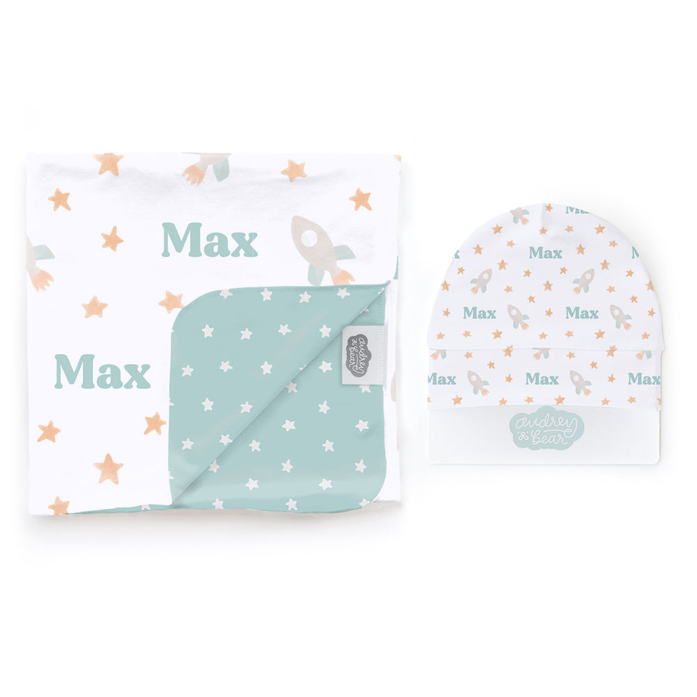 Personalized  Swaddle & Hat Set | Bright Rockets