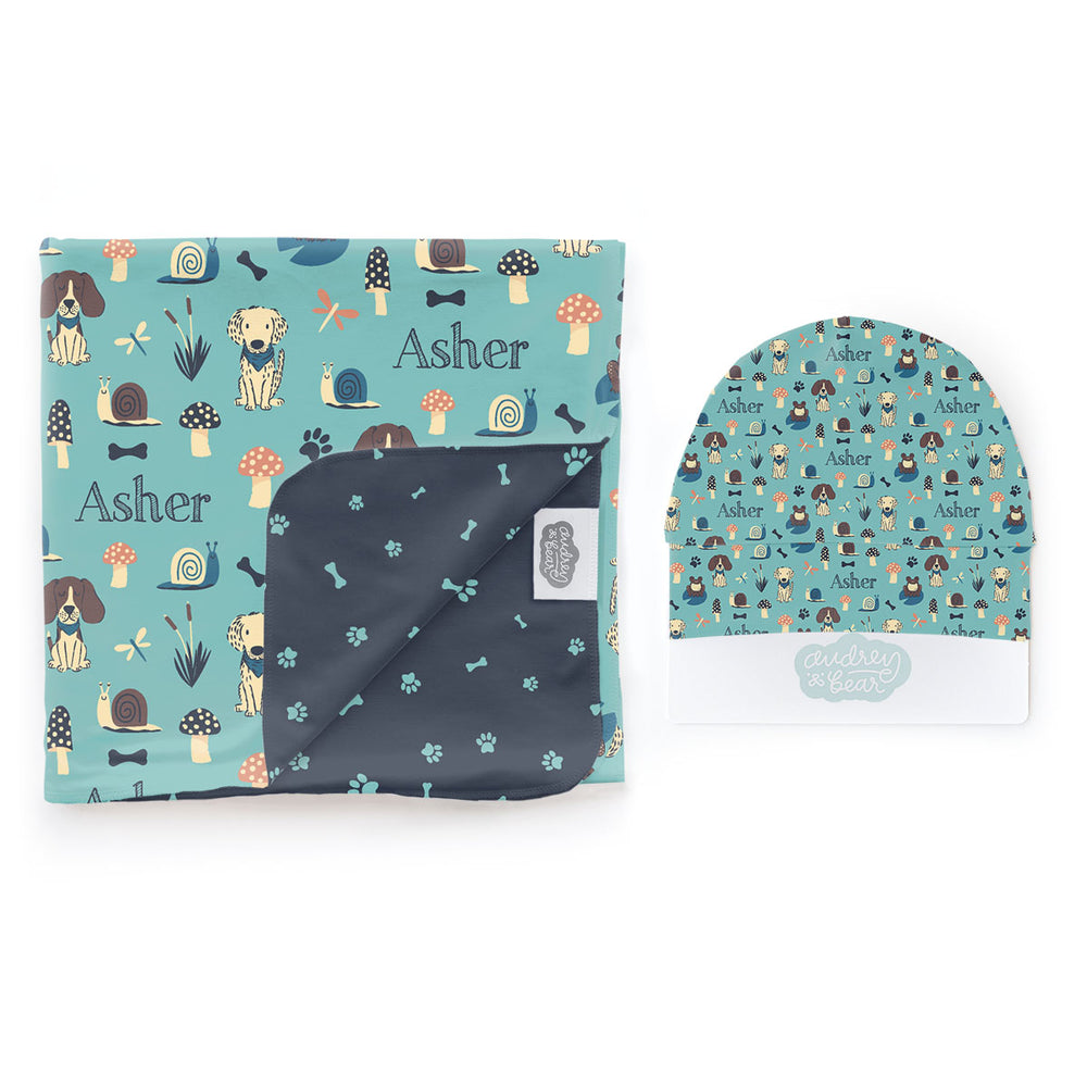 Personalized  Swaddle & Hat Set | Frogs Snails & Puppy Dog Tails